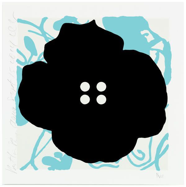 Donald Sultan Button Flowers-Aqua, 2014 Black flock on color silkscreen on 2-ply museum board 30h X 30w in. Edition of 30