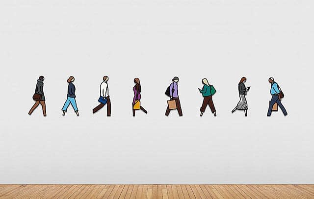 Julian Opie Old Street, 2020 A series of eight wall mounted acrylic reliefs Stripes 26.5 x12.75, Bag 26.25 x 10.5, Culottes 26.75 x 12.12, Turnups 25.62 x 12.36, Folder 27.25 x 12.32, Two Bags 26.12 x 14.12, Man Bun 26.62 x 12.25, Headphones 27.25 x 12.36, Edition of 20 For sale at VFA