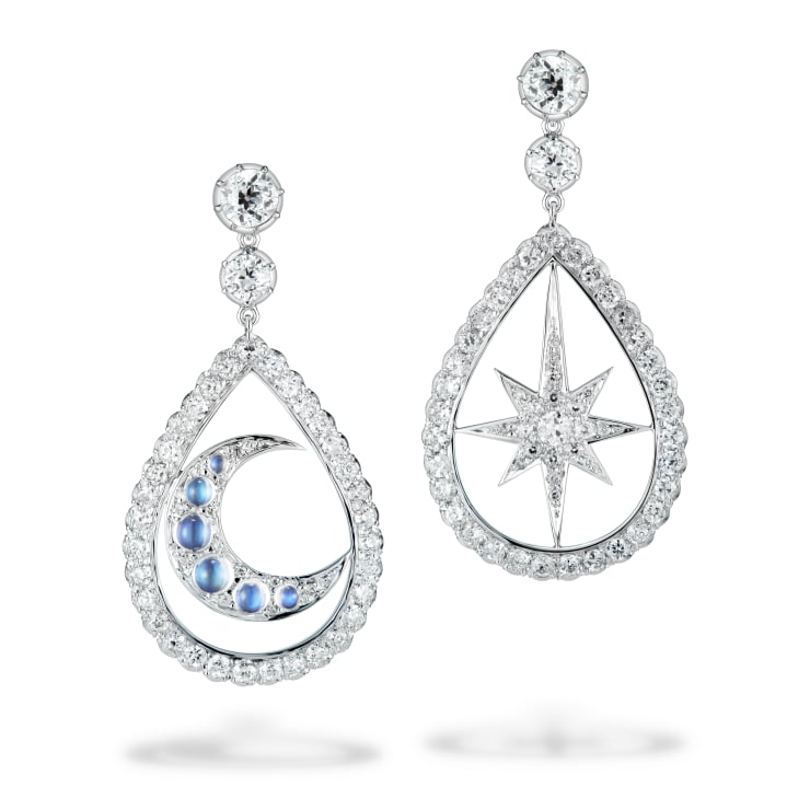 Aril Jewels Cosway Earrings in Georgiana collection featuring old cut diamonds and rainbow moonstones. Pictured as earrings on white background.