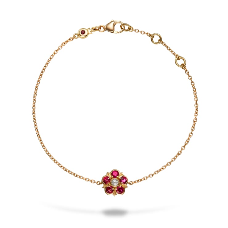Aril Jewels ruby and diamond rose bracelet from Elizabeth Collection with Elizabethan inspired rose design.