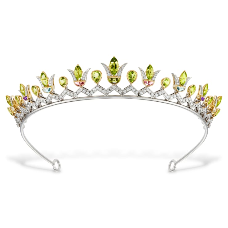 Peridot Lotus TiaRa on white background with Fuli peridot, diamonds, aquamarines, tourmalines and amethysts.
