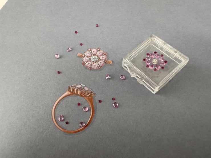 Aril Jewels handpainted gouache rendering of pink sapphire, ruby & old-cut diamond Rose ring with gem layout box.