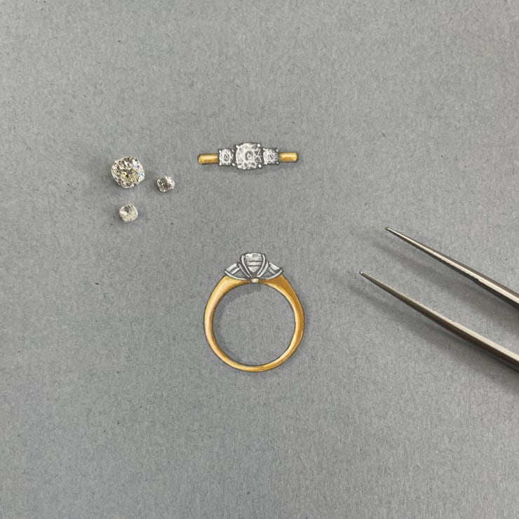 Aril Jewels hand painted rendering of new bespoke ring design with heirloom diamonds