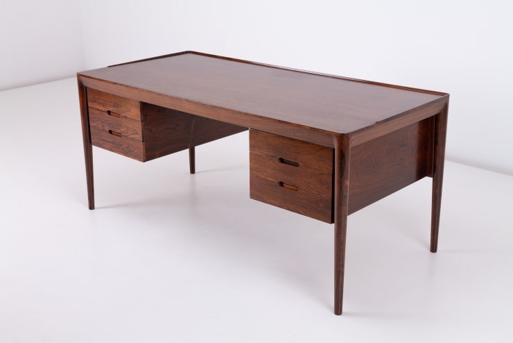 Erik Riisager Hansen Desk Model 66, 1966 Solid rosewood frame with veneered rosewood top Produced by Haslev Mobelsnedkeri, Denmark. Diagonal view