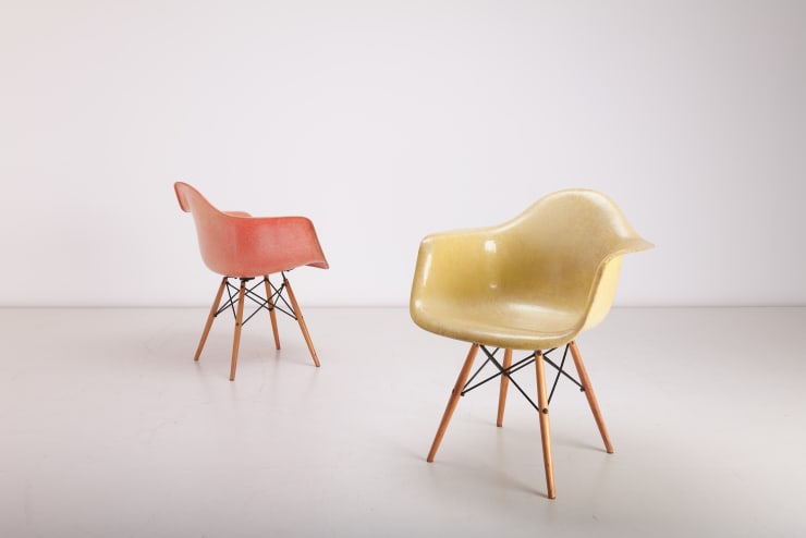 Vintage pair or orange and yellow Charles & Ray Eames, 'Rope Edge' Fiberglass Chairs London