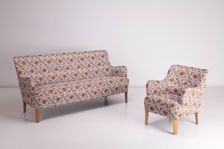 Peter Hvidt Sofa & Armchair Model 1659, 1940s Upholstered in Soane, persian flower fabric with birch legs Produced by Fritz Hansen, Denmark. multi view
