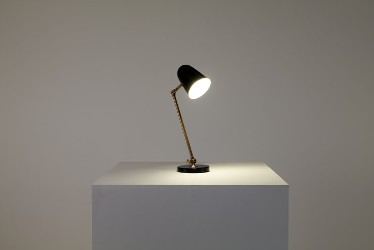 Unknown Desk Lamp, 1930s Brass, enamelled aluminium. Retailed by Nordiska Kompaniet, stamped accordingly. Light on, leaning back