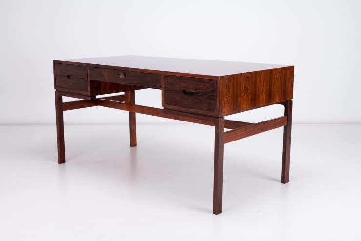 Arne Wahl Iversen Rosewood Desk Model 80, 1961 Brazilian rosewood veneer Produced by Vinde Mobelfabrik, Denmark. diagonal view