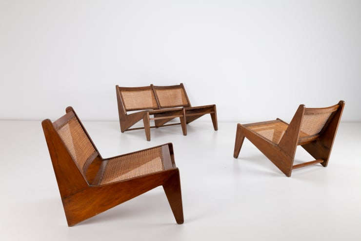 Pierre Jeanneret kangaroo seating set in Burmese teak with caned seats and backs. Chandigarh India Vintage London Specialist