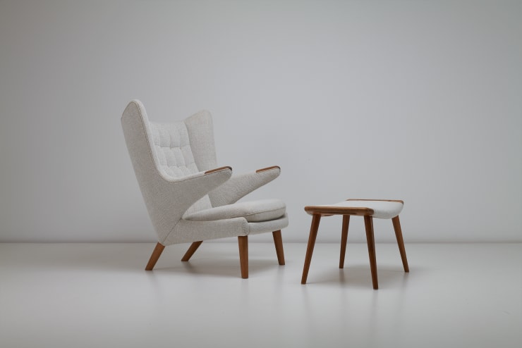 Hans J Wegner Papa Bear Lounge Chair, 1951 Oak & bocule edited by AP Stolen, labelled accordingly on both pieces. Diagonal view