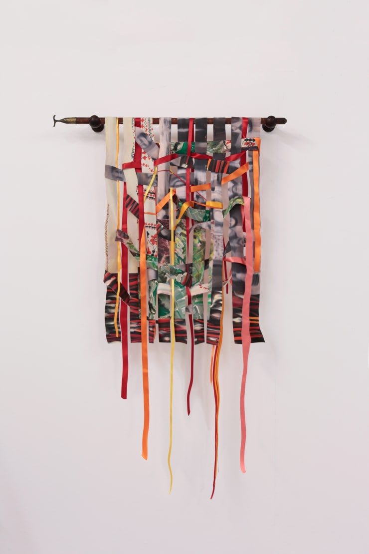 If Our Paths Ran Parallel, They Would Never Meet, 2019 Oil on canvas, satin vinok ribbons, wooden window pole 160 x 100 cm 63 x 39 1/2 in