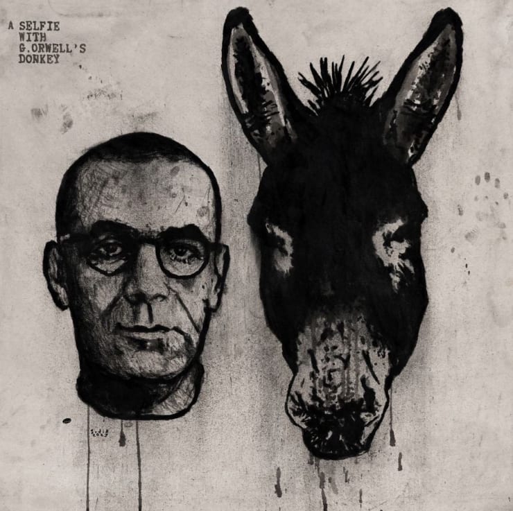Sadik Kwaish Alfarji-A Selfie With G. Orwell’s Donkey, 2023-Charcoal, Ink on Canvas-115 cm x 115 cm