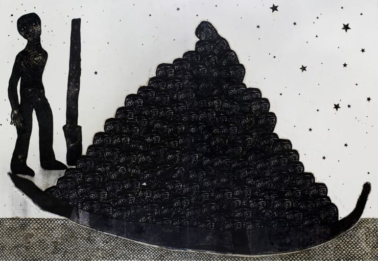 Sadik Alfraji, Don't Put All Your Dreams in One Boat, 2014, Indian Ink, Charcoal, Printed Paper on Canvas, 270 x 390 cm
