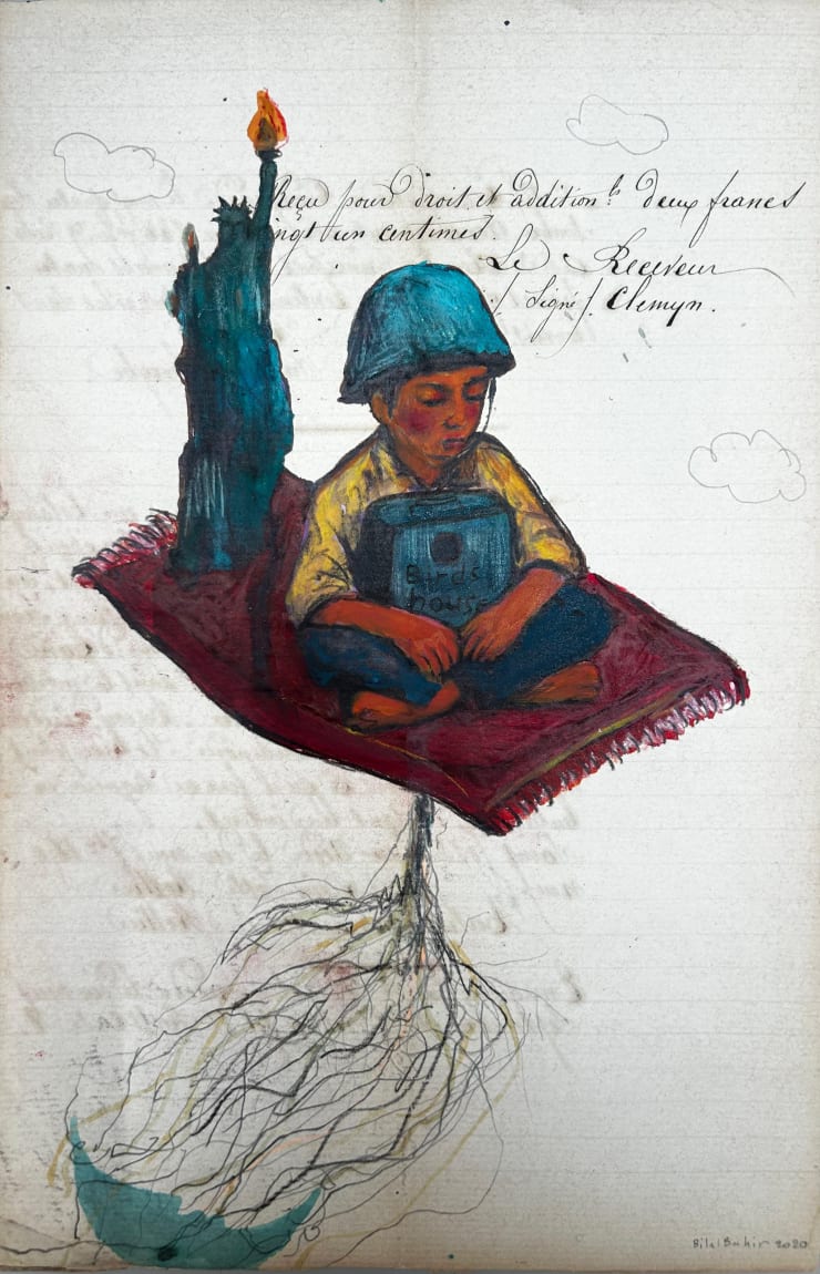 Bird House, 2020 Techniques mixtes sur papier ancien 30 × 21 cm Œuvre unique © Bilal Bahir