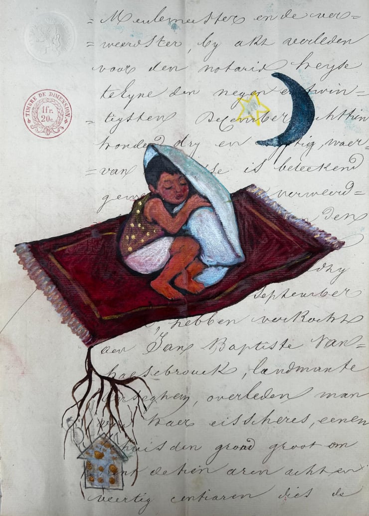 Dream, 2022 Techniques mixtes sur papier ancien 30 × 21 cm Œuvre unique © Bilal Bahir