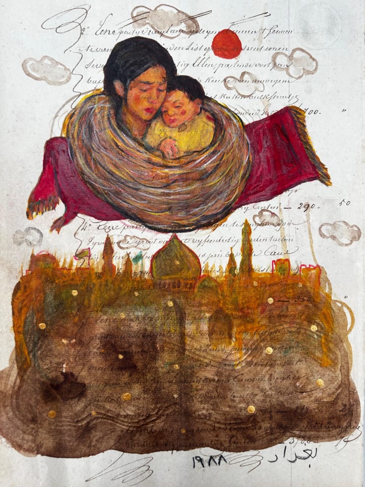 Memory of Flying Carpet, 2023 Techniques mixtes sur papier ancien 30 × 21 cm Œuvre unique © Bilal Bahir