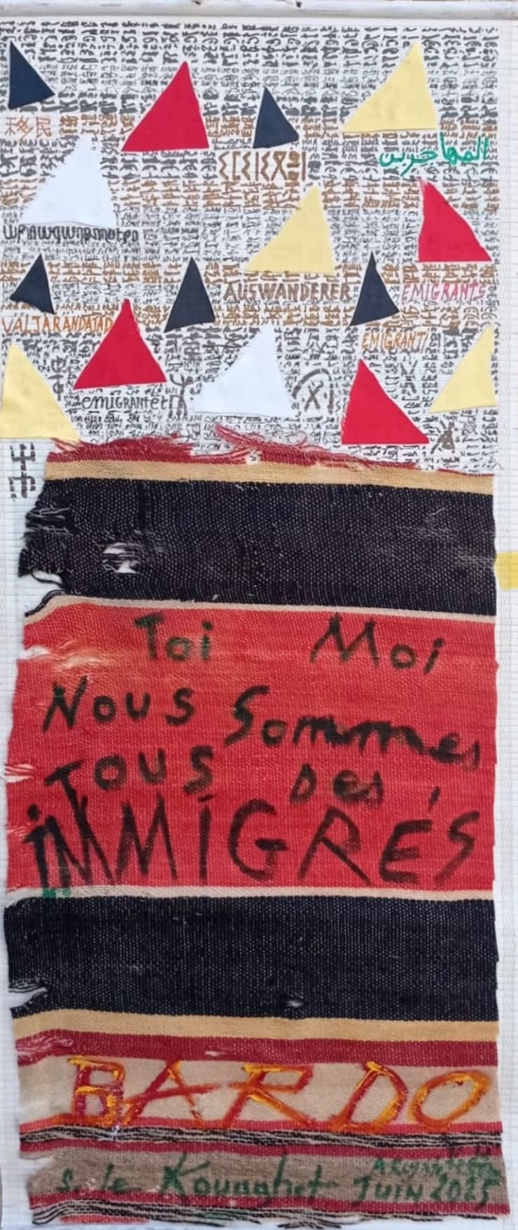 Salim Le Kouaghet YOU ME – We Are All IMMIGRANTS, 2025 Techniques mixtes sur bambou et papier 31,5 × 73,5 cm Œuvre unique © Salim Le Kouaghet