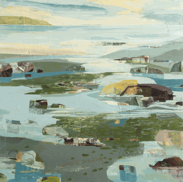 Marji Thompson, Acrylic on Canvas, depicts lake in Seattle, turquoise and green, square, represented by Kennedy Contemporary