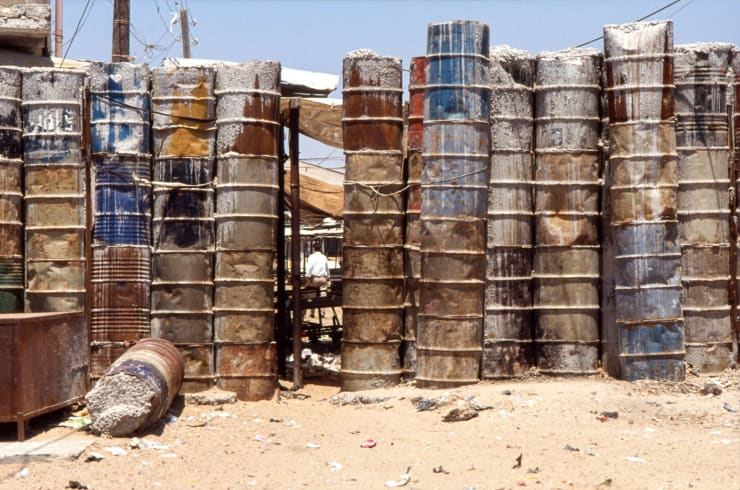 Barrel barricade near Bethlehem, WEST BANK, 1984 BAM1984000K003(W02038)