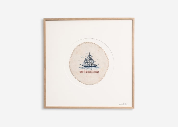 Long Featherless Hours, 2025 Hand embroidery on vintage Irish linen 18 3/4 x 18 3/4 inches (47.5 x 47.5 cm)