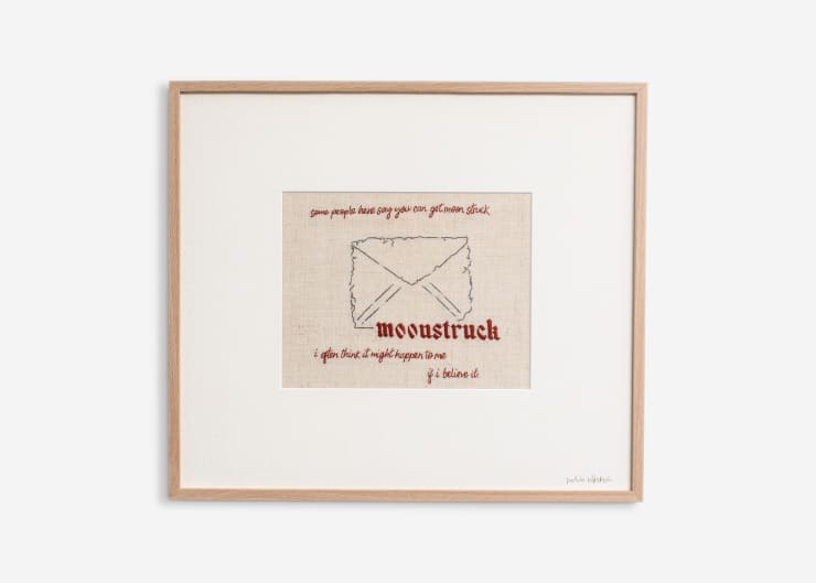 Moonstruck, 2025 Hand embroidery on vintage Irish linen 16 x 17 3/4 inches (40.5 x 45 cm)