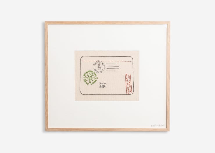 Return To Sender, 2025 Hand embroidery on vintage Irish linen 15 1/2 x 17 1/2 inches (39.5 x 44.5 cm)