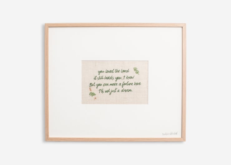 The Land That Holds You, 2025 Hand embroidery on vintage Irish linen 13 3/8 x 16 inches (34 x 40.5 cm)