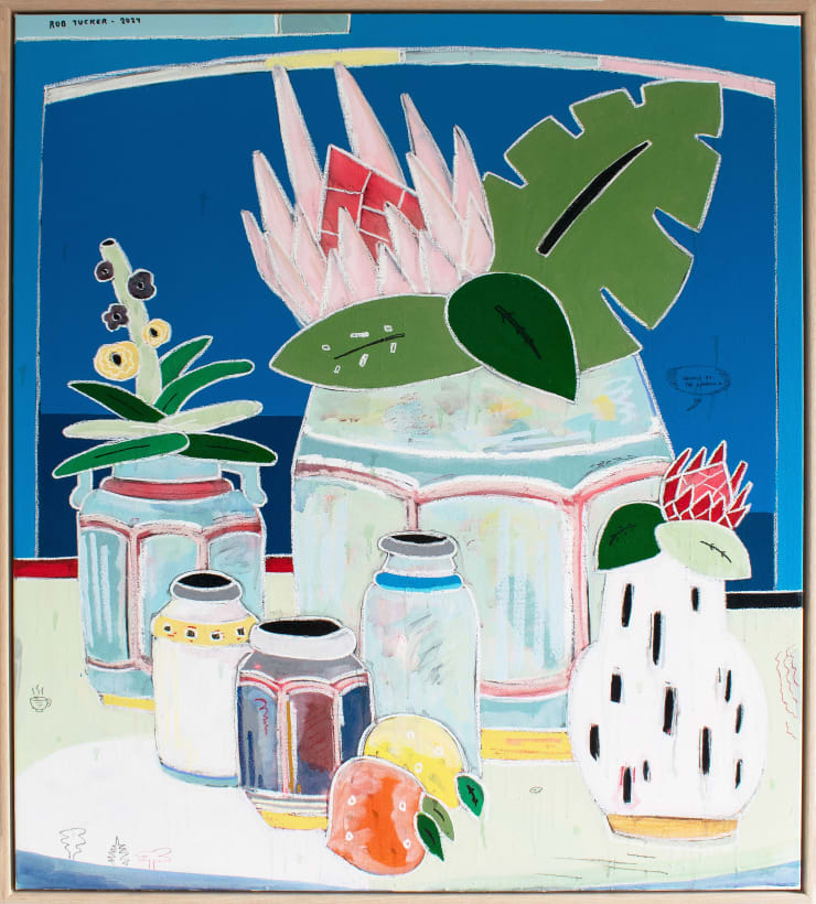 Rob Tucker Things by the Window, 2024 Acrylic & mixed media on canvas 100 x 90 cm