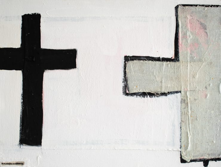 John Blackburn Cross with Pink Glimpse, 2009 Oil & mixed media on canvas mounted on board 35 x 46 cm