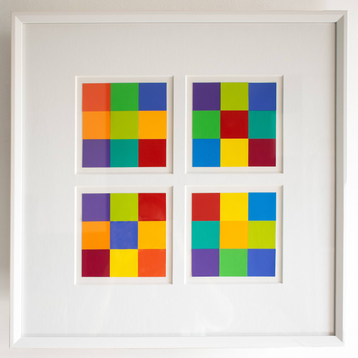 Michael Smither Single Quartet Yellow Green Harmonics, 2012 Framed paper collage 48 x 48 cm