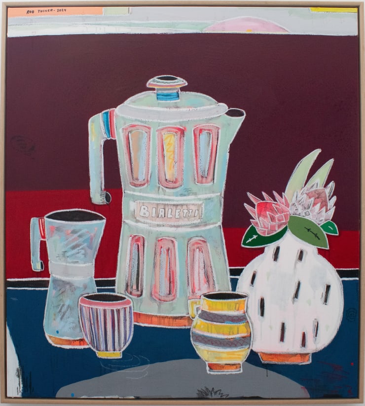 Rob Tucker Moody Coffee Date, 2024 Acrylic & mixed media on canvas 100 x 90 cm