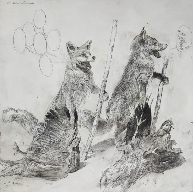 Ray Ching Second Summons of Reynard the Fox, 2018 Graphite pencil, ink, conté, carbon, oils, liquin 107 x 107 cm
