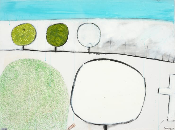 John Blackburn Three Trees with Two Forms, 2022 Mixed media on canvas panel 60.5 x 81.5 cm