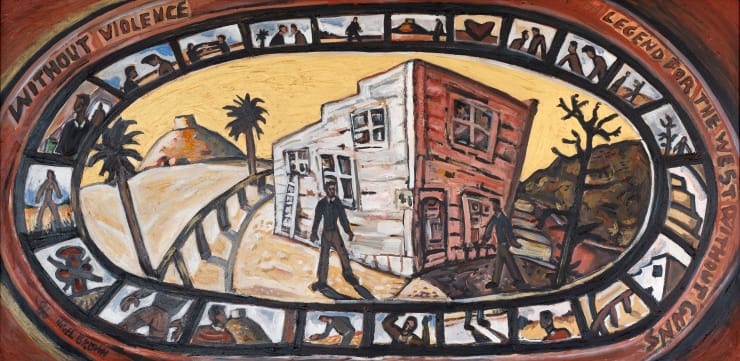 Nigel Brown Legend for the West, 1986 Acrylic on hardboard 60 x 120 cm (unframed) 64 x 124 cm (framed)
