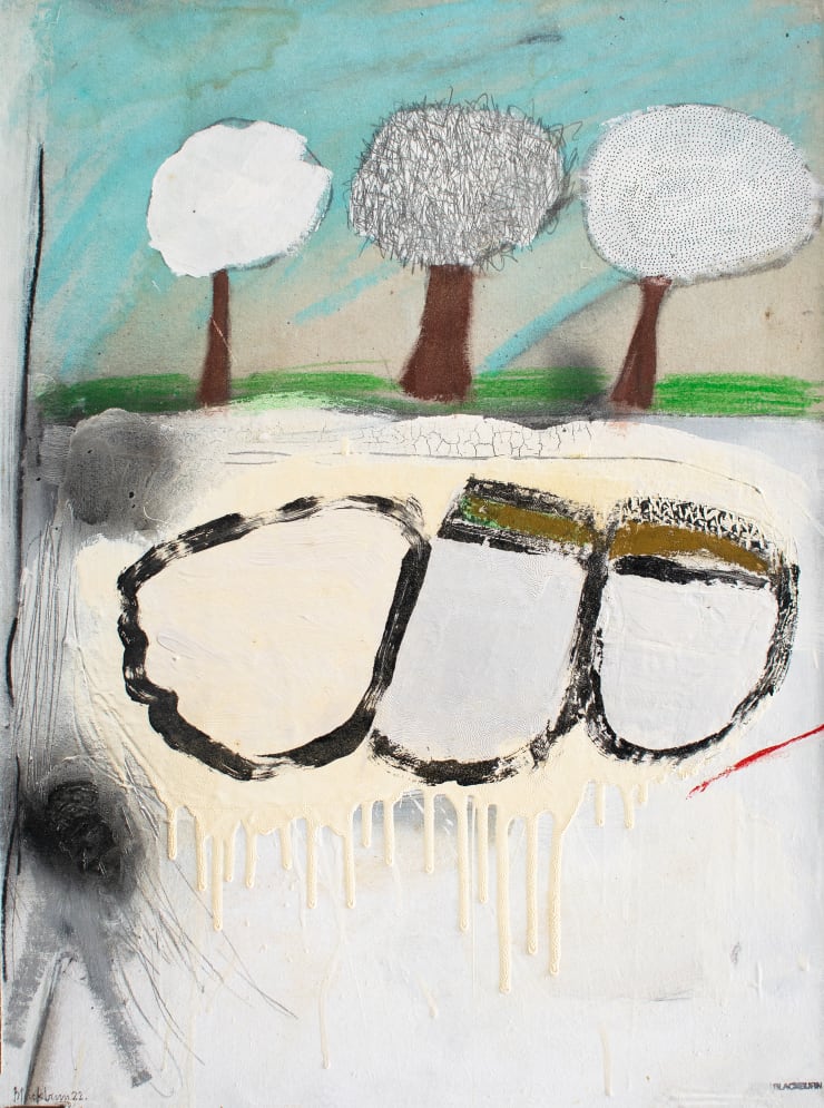 John Blackburn Three Patterned Trees with Silver and Pearl Forms Beneath, 2022 Mixed media on canvas board 59 x 44 cm