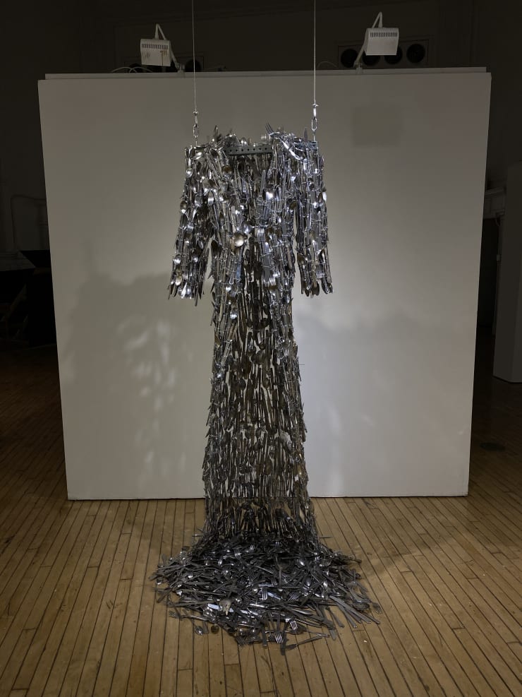 A Bite, 2021, 2022 Chicken wire, wire, cuttlery (6-7 feet) x 2 feet (183-213cm) x 60 cm