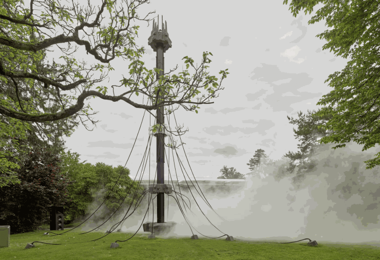 Installation view of Philippe Parreno, Membrane, 2023, and Fujiko Nakaya, Untitled, 2024, in “Cloud Chronicles” at Fondation Beyeler, Riehen/Basel, 2024. © Philippe Parreno and Fujiko Nakaya. Photo by Mark Niedermann. Courtesy of the artists.