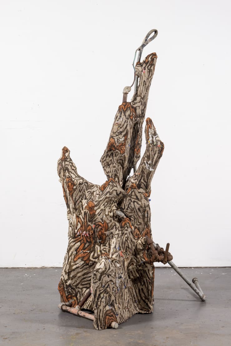 Hannah Chalew, Tangled Bank, 2023, metal, paper made from sugarcane combined with shredded disposable plastic waste (“plasticane”), iron oak gall...