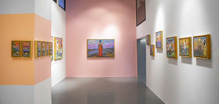 Installation view of La Terre n'a qu'un Soleil, Joana Choumali, solo show in the Ivory Coast at GALERIE FARAH FAKHRI. Focus on the embroidered photograph The Day Dreamer