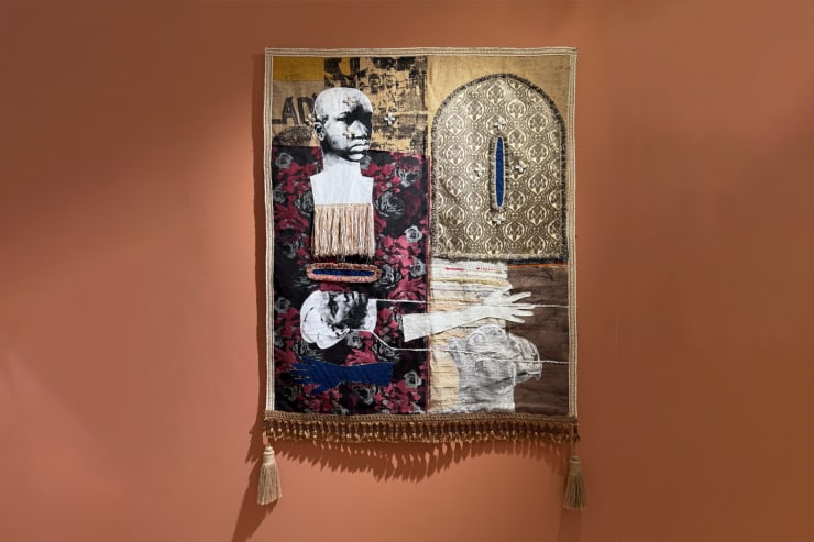 Embroidered tapestry enhanced with golden ribbons by Ivorian artist Chada 1-54 Marrakech GALERIE FARAH FAKHRI
