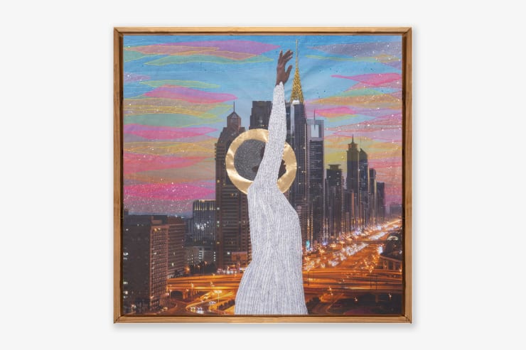 Embroidered photograph, unique piece, by Ivorian artist Joana Choumali, titled The Courage to Say Yes to the Light. On view at Abu Dhabi Art with GALERIE FARAH FAKHRI