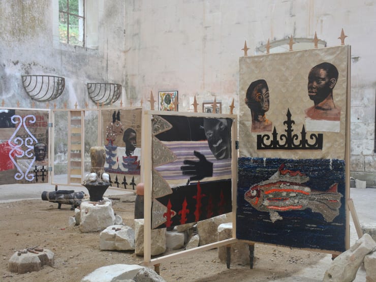 Exhibition view of "Pas très loin" (2025), Chada's in-situ installation including textile pieces and ceramics at Château de Montgoger