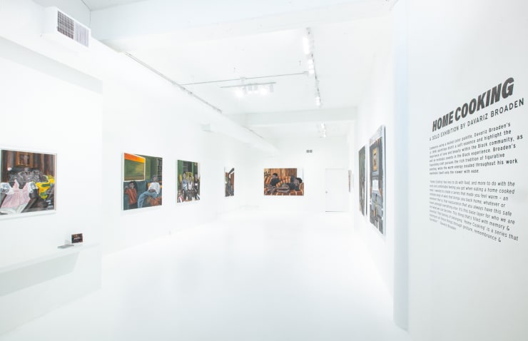 Davariz Broaden Home Cooking exhibition installation view of paintings hanging in a white gallery space