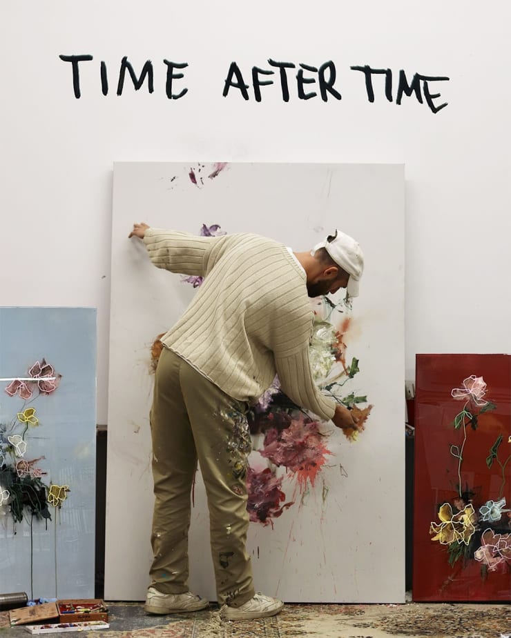 Artist Sage Barnes in the studio with works in "Time After Time" on view at Square One Gallery