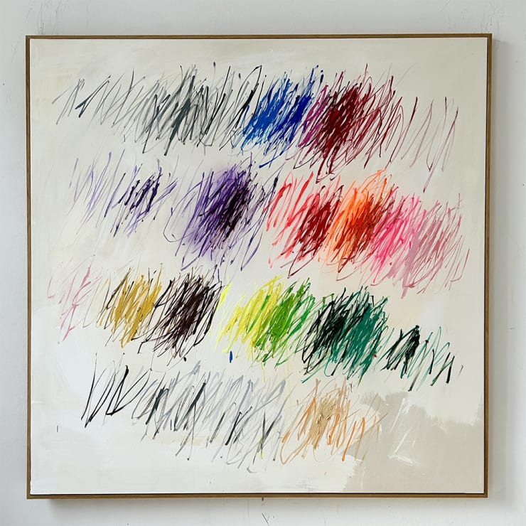 Christina Gschwantner painting with rainbow scribbles over a white canvas
