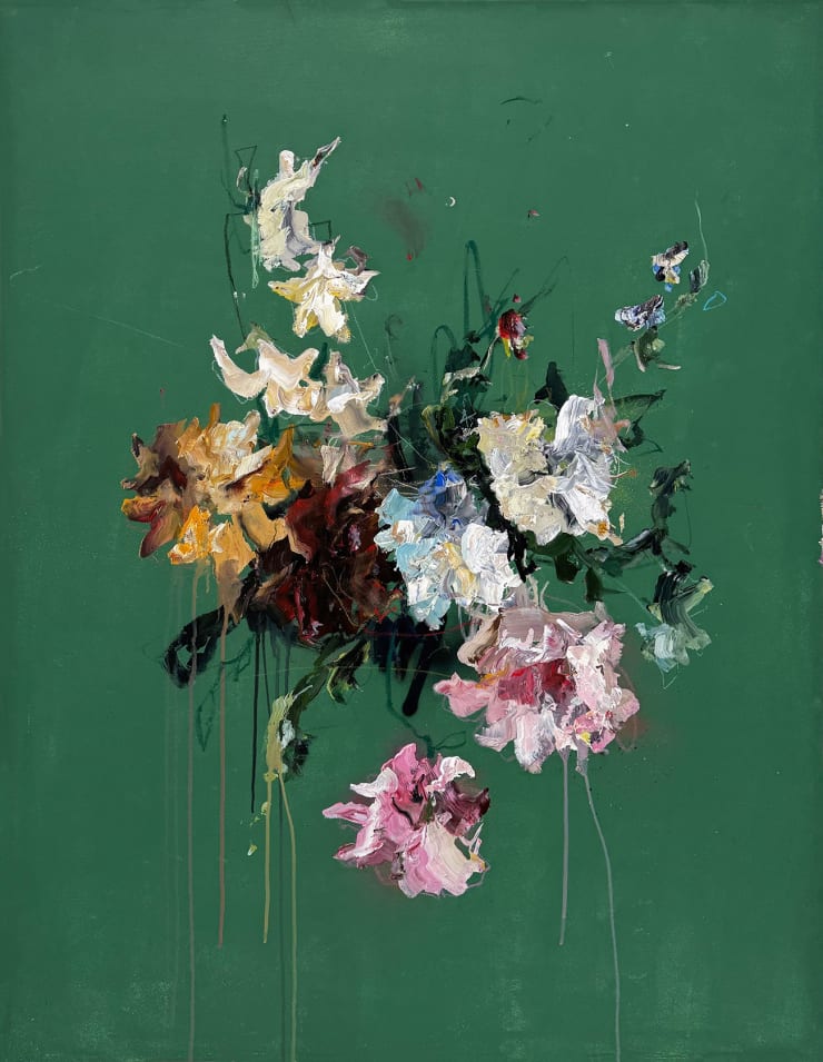 Sage Barnes arrangement painting with green background and florals in the center