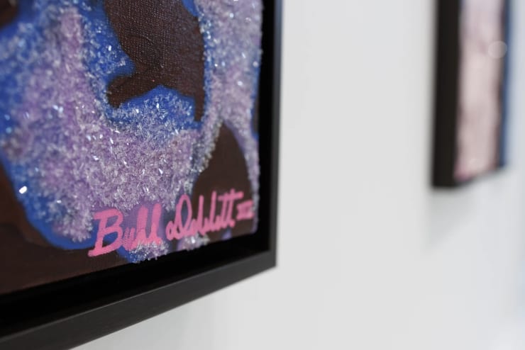 Close up with Bill DeWitt III "Skull" series painting with diamond dust at Square One Gallery. Photo by Sophie Proe / St.Louis Public Radio
