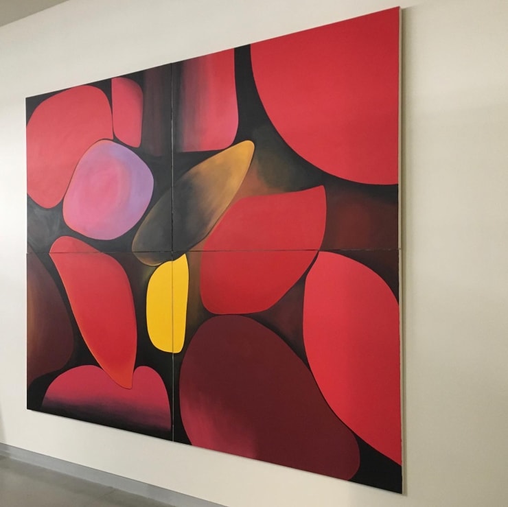 Red and pink flower petal-like shapes on dark black background.