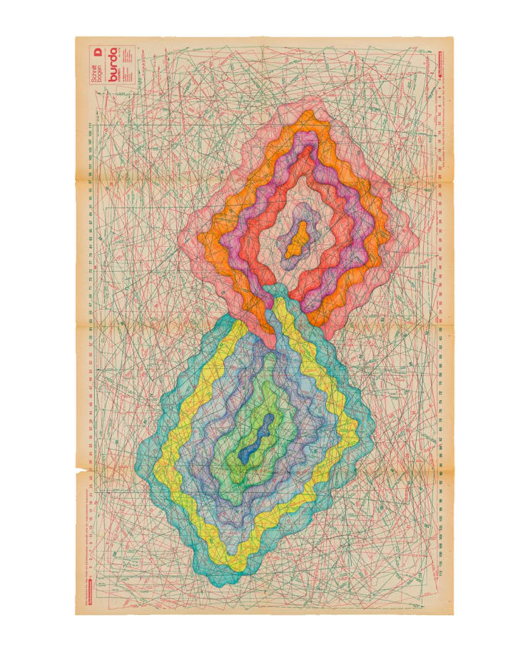 Emilija Radojicic, SKLAD II, 2023 Colour pencils on old BURDA sewing paper scheme 86 x 58 cm / 33.8 x 22.8 in (without framing)