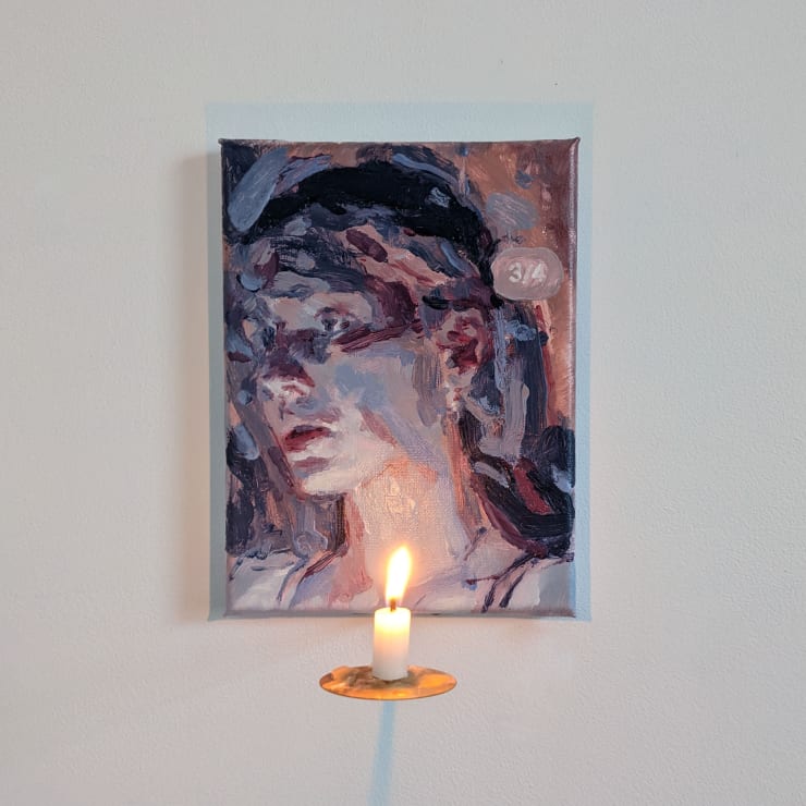 Casper White, After Instagram 1, oil on linen with brass candle holder, 24 x 18 cm